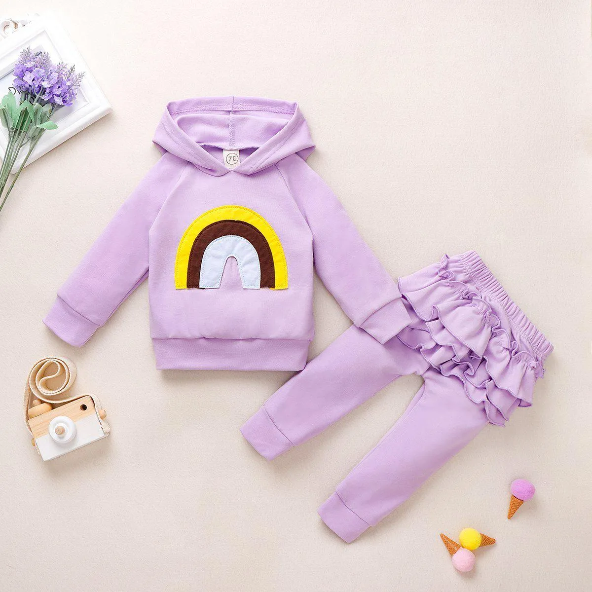 2-Pieces Baby Girl Rainbow Hooded Set