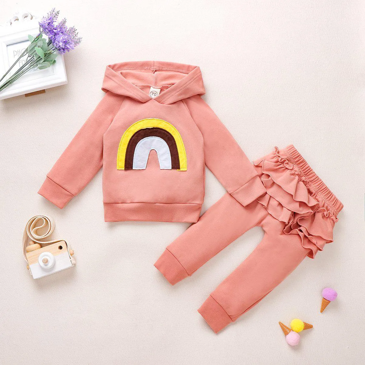 2-Pieces Baby Girl Rainbow Hooded Set