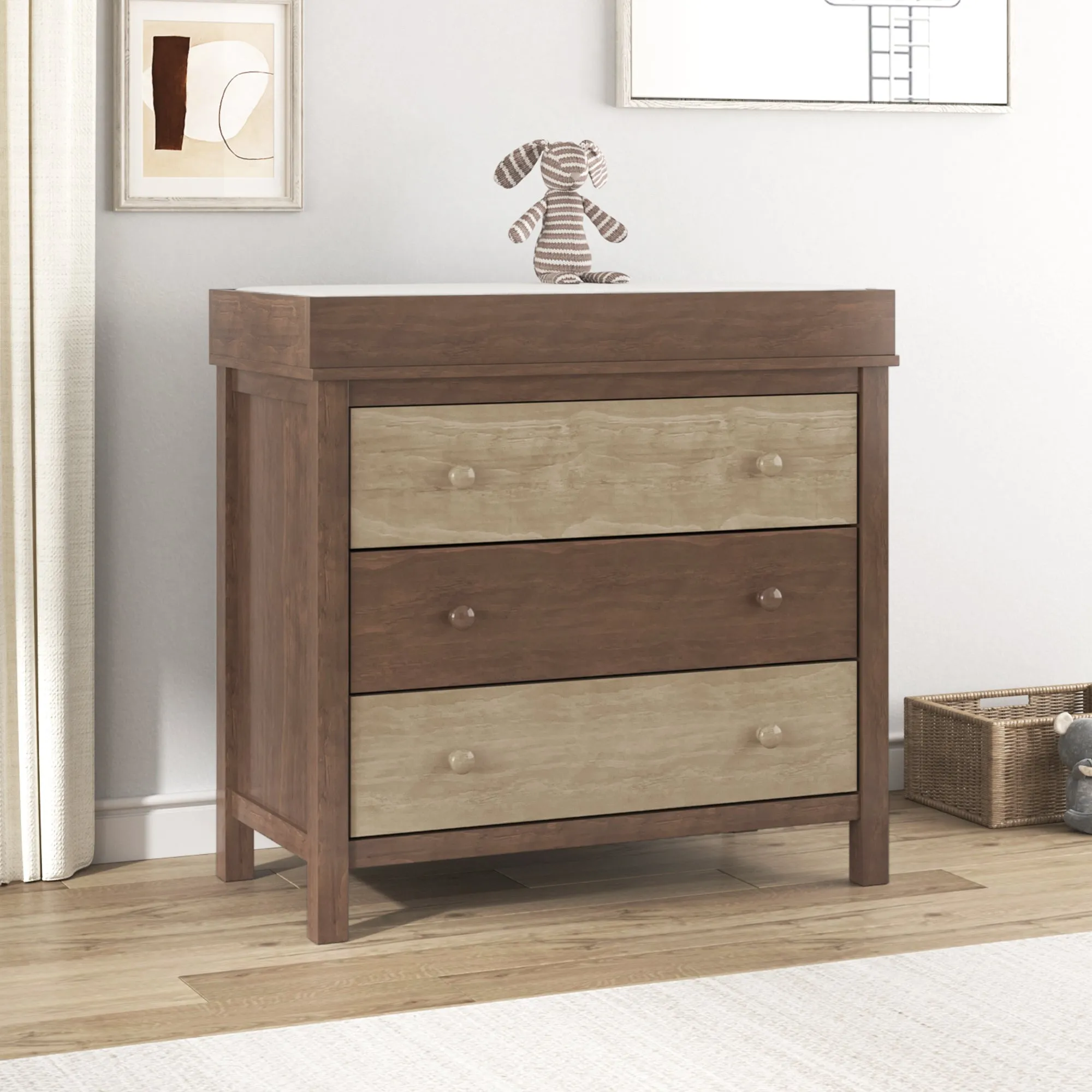 3-Drawer Changer Dresser with Removable Changing Tray in Brown