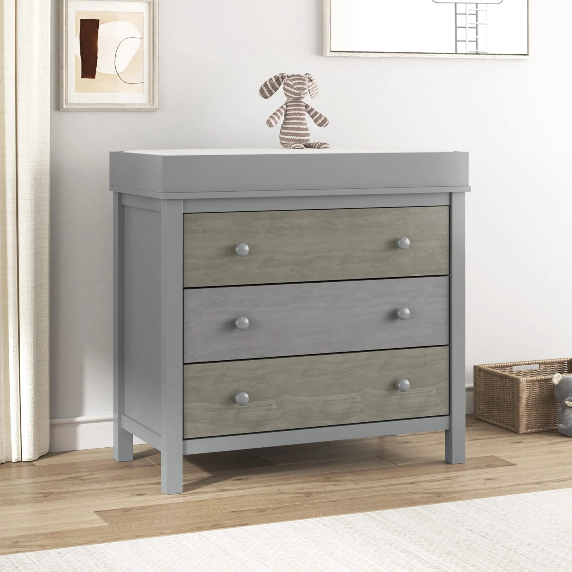 3-Drawer Changer Dresser with Removable Changing Tray in Gray