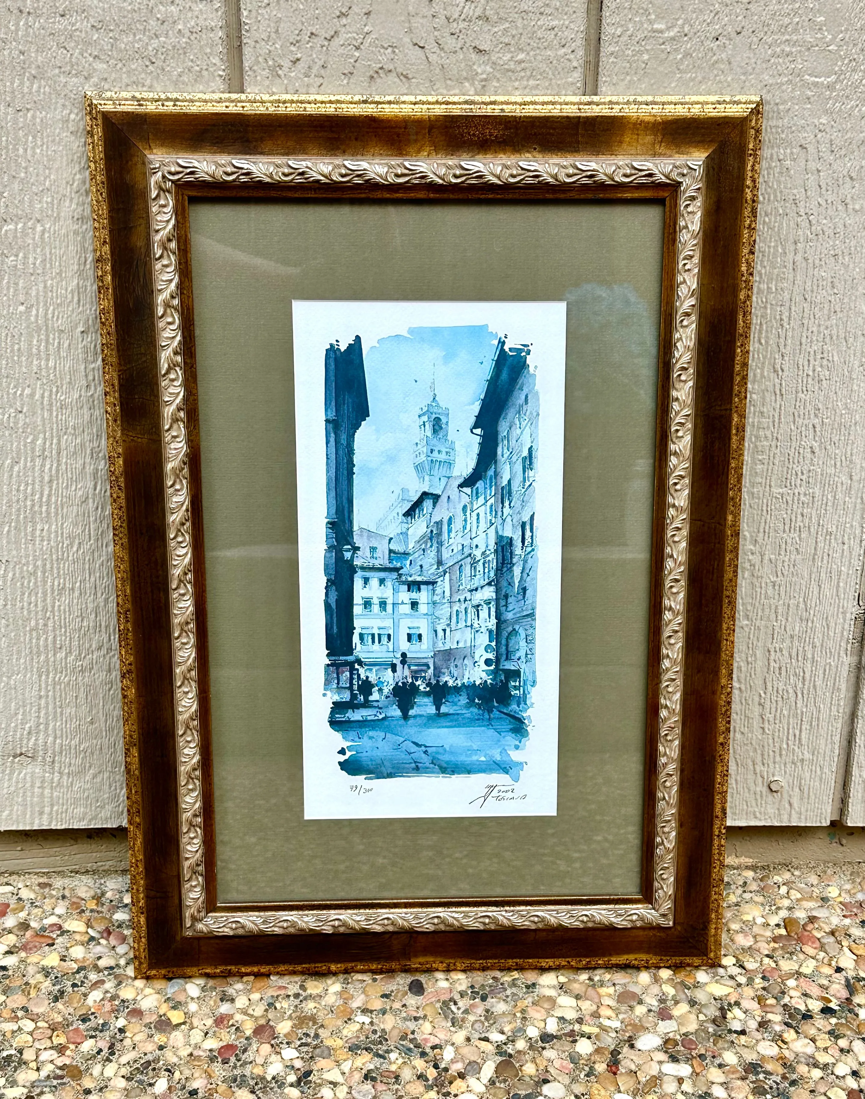 Antique Orig Watercolor Art Signed Toscasa 79/300 European City Framed Matted