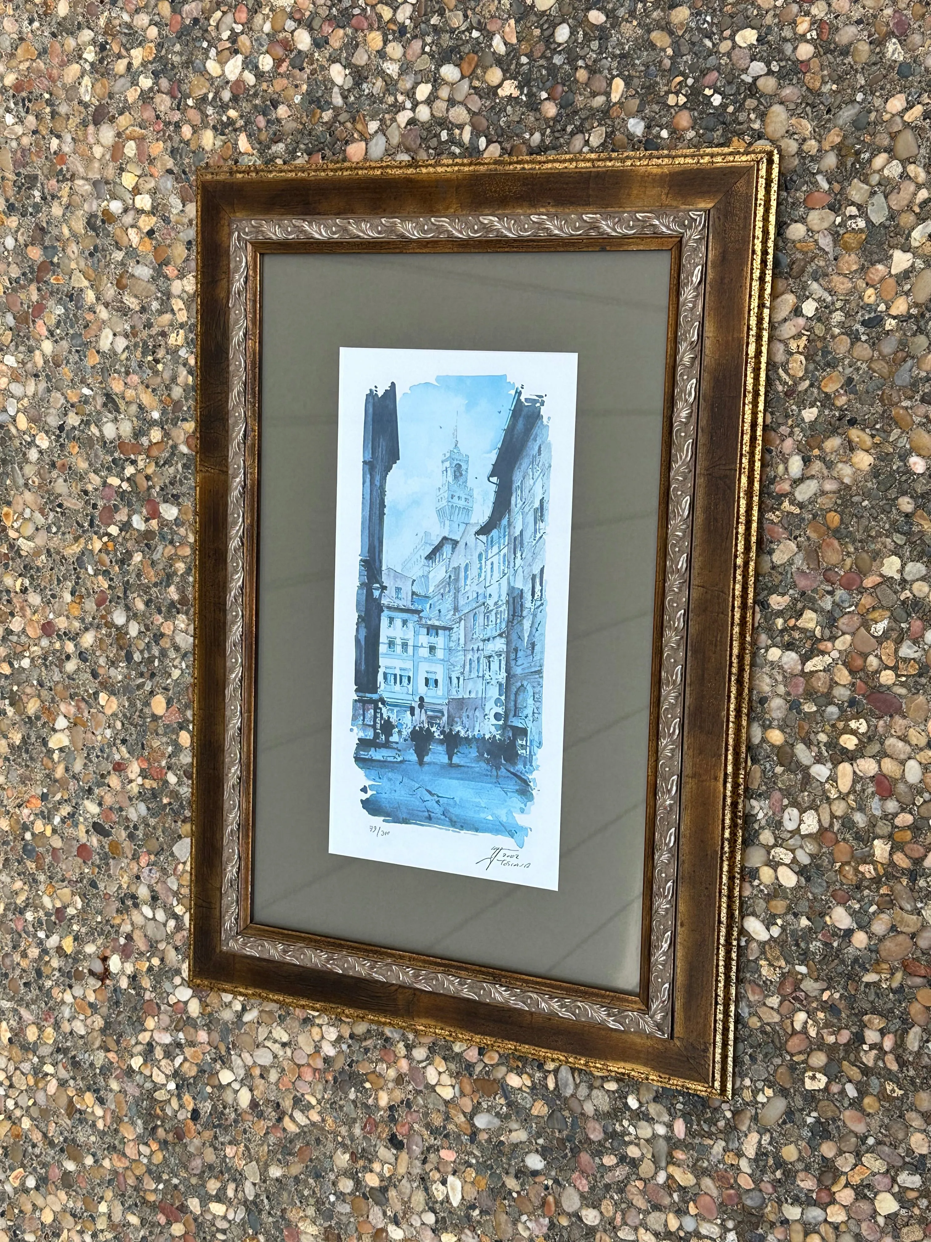 Antique Orig Watercolor Art Signed Toscasa 79/300 European City Framed Matted