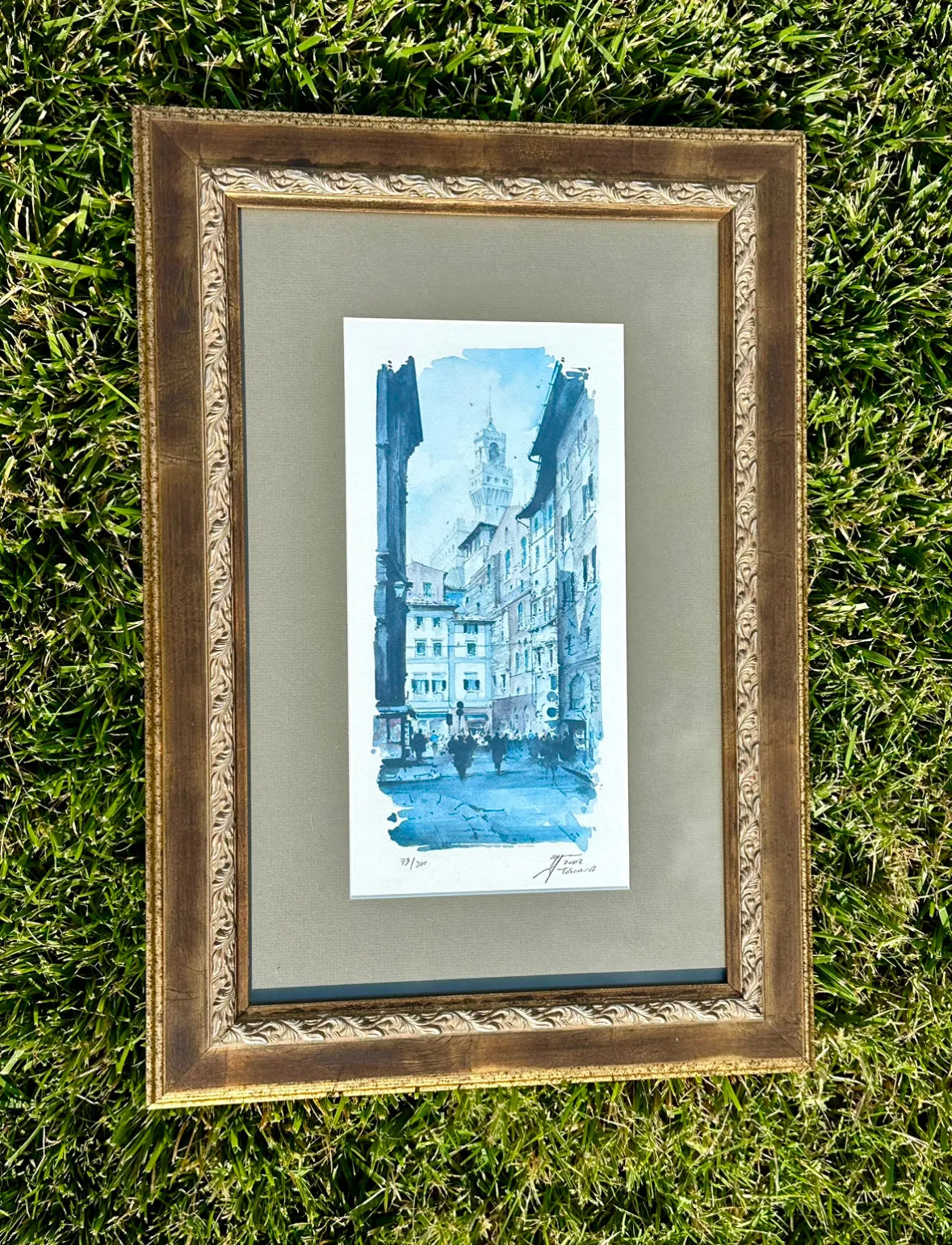 Antique Orig Watercolor Art Signed Toscasa 79/300 European City Framed Matted