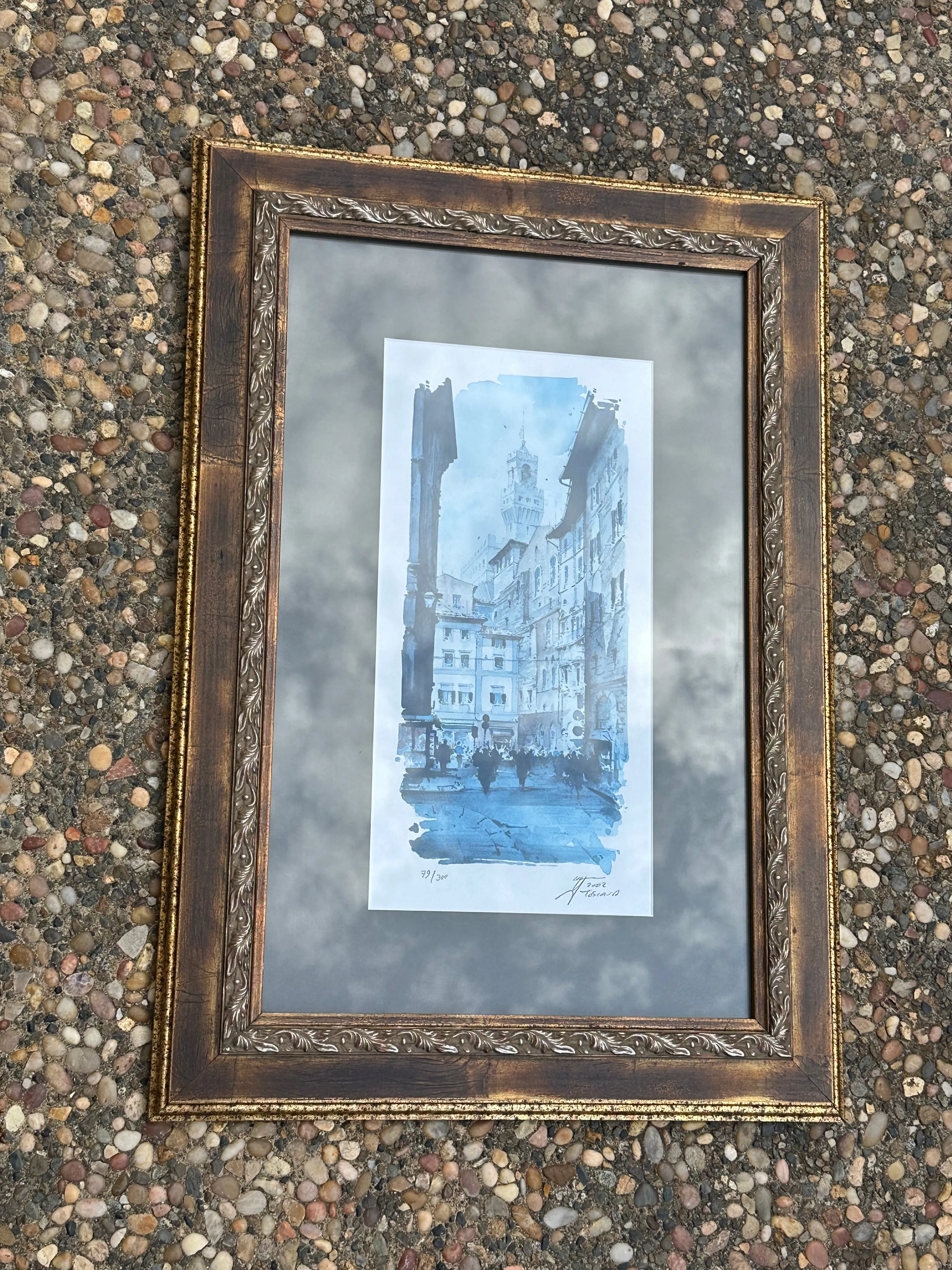 Antique Orig Watercolor Art Signed Toscasa 79/300 European City Framed Matted