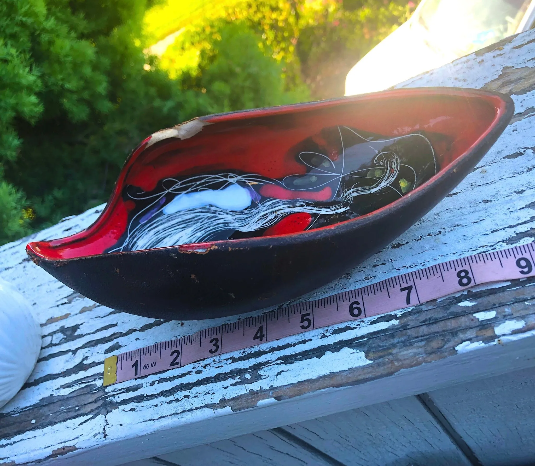 Artisan Italian Calf Leather Ceramic Red Hand Painted Girl Dish Art Decor Bowl