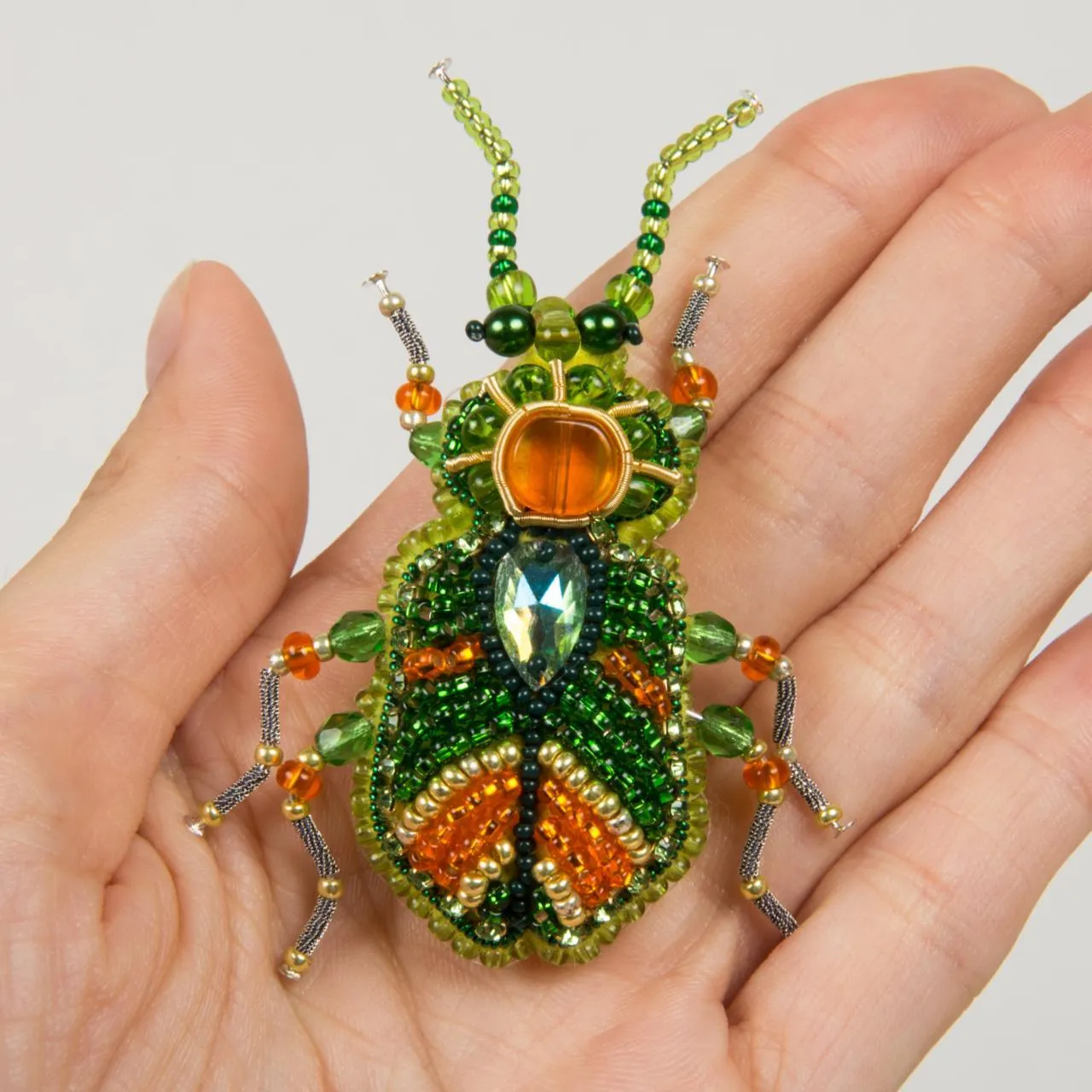 Beadwork kit for creating brooch Crystal Art Green beetle BP-329C