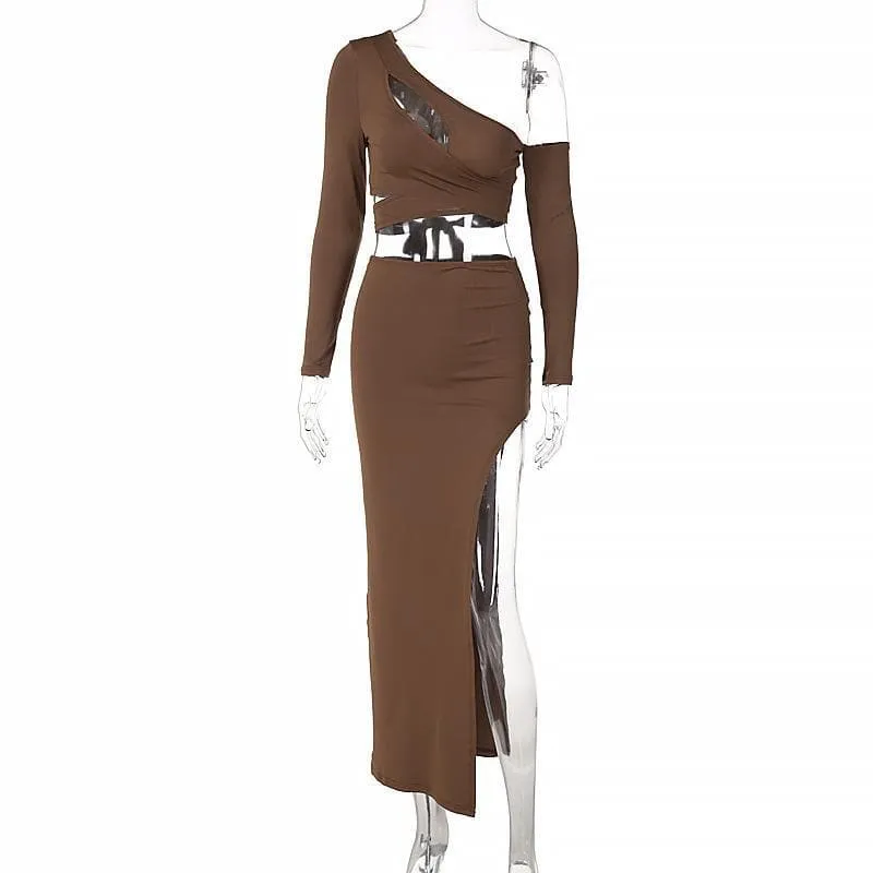 BerryBetty - Asymmetrical solid long sleeve self tie skirt set