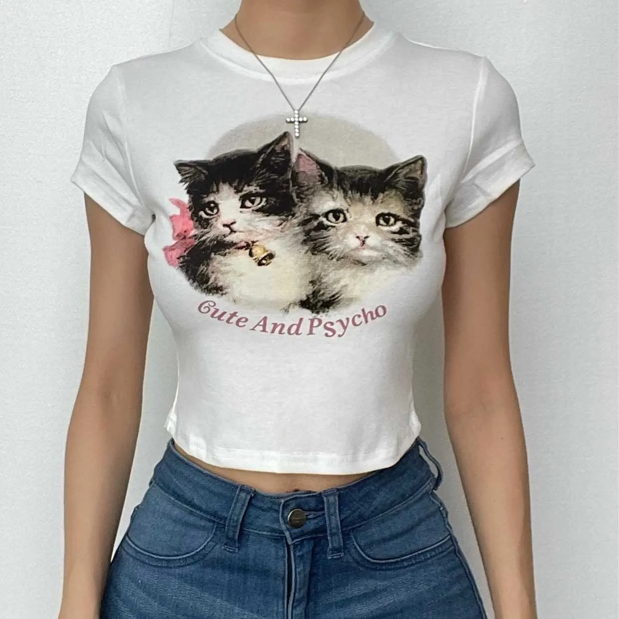 BerryBetty - Cat pattern cap sleeve crewneck crop top - Final Sale