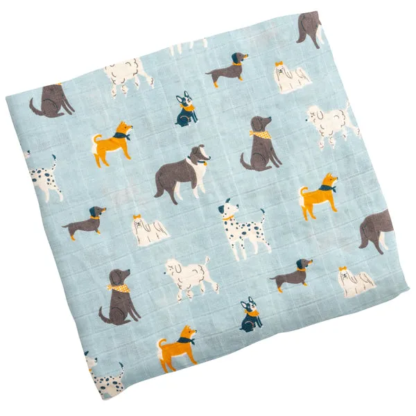 Cotton Muslin Baby Blanket - Dogs on Blue