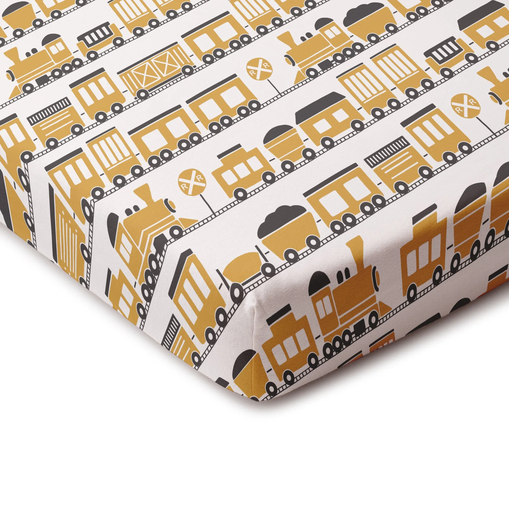 Fitted Crib Sheet - Trains Ochre