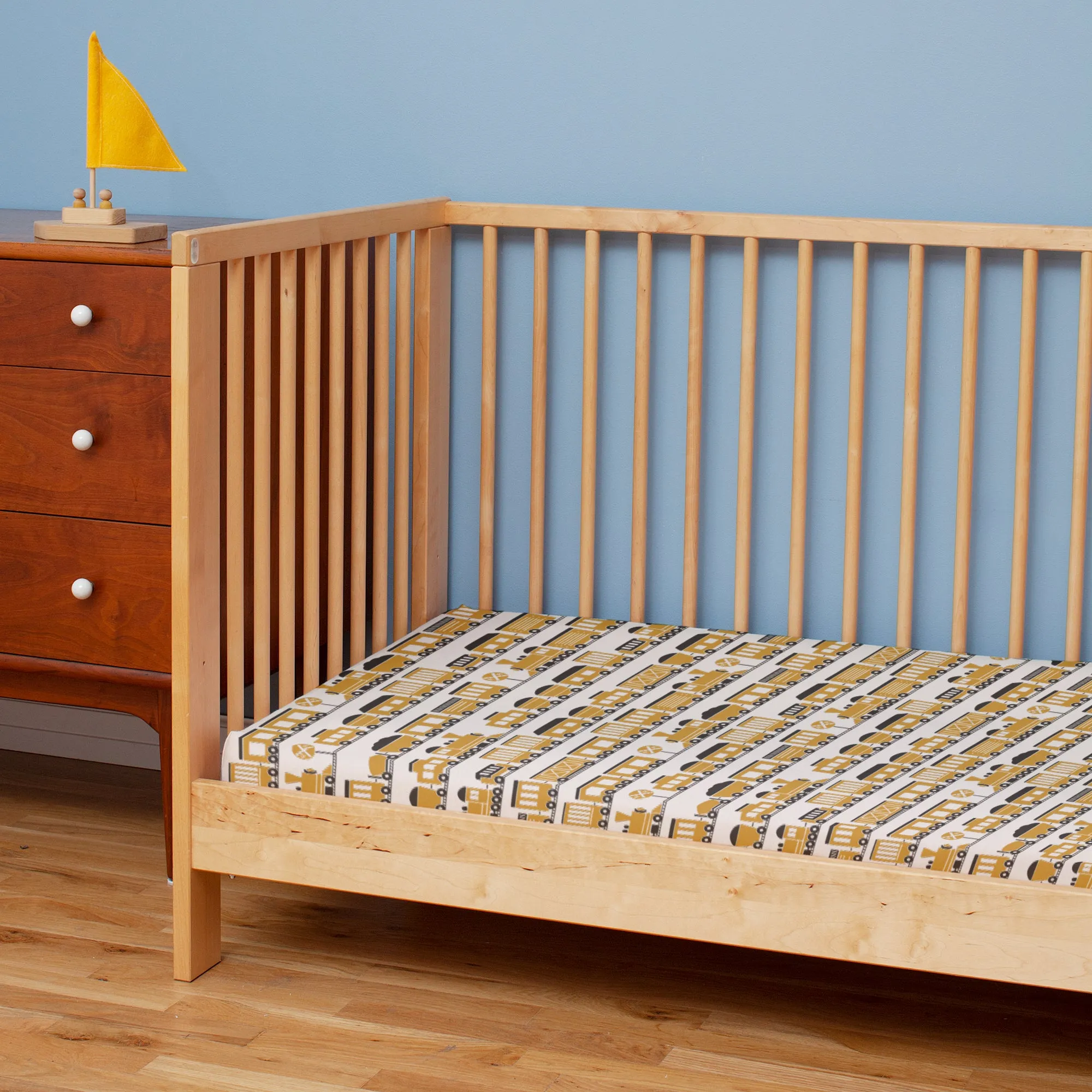 Fitted Crib Sheet - Trains Ochre