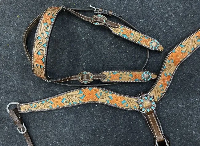 Floral Teal Underlay Headstall Set