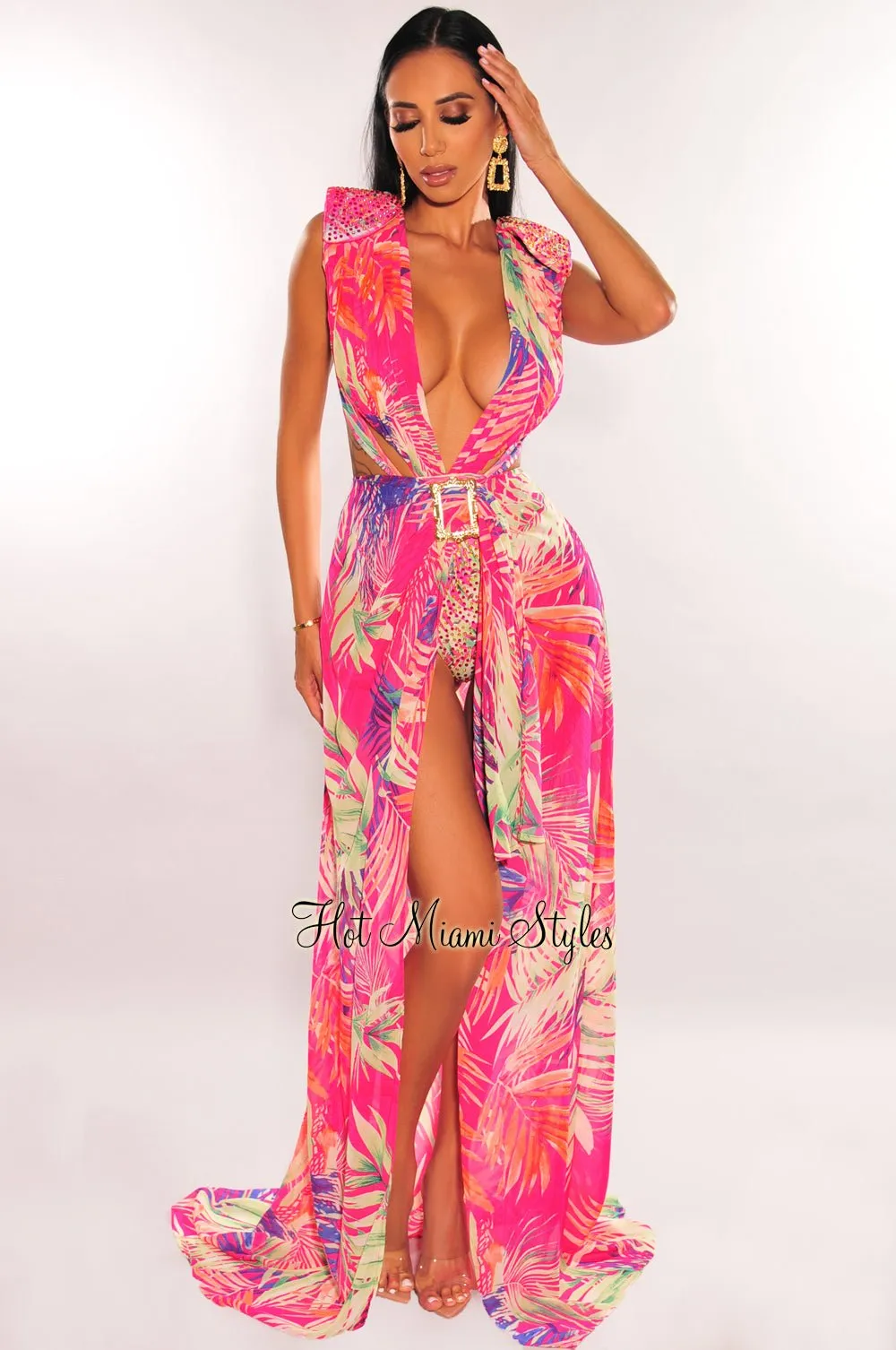 Fuchsia Tropical Print Plunge Studded Maxi Skirt Two Piece Set