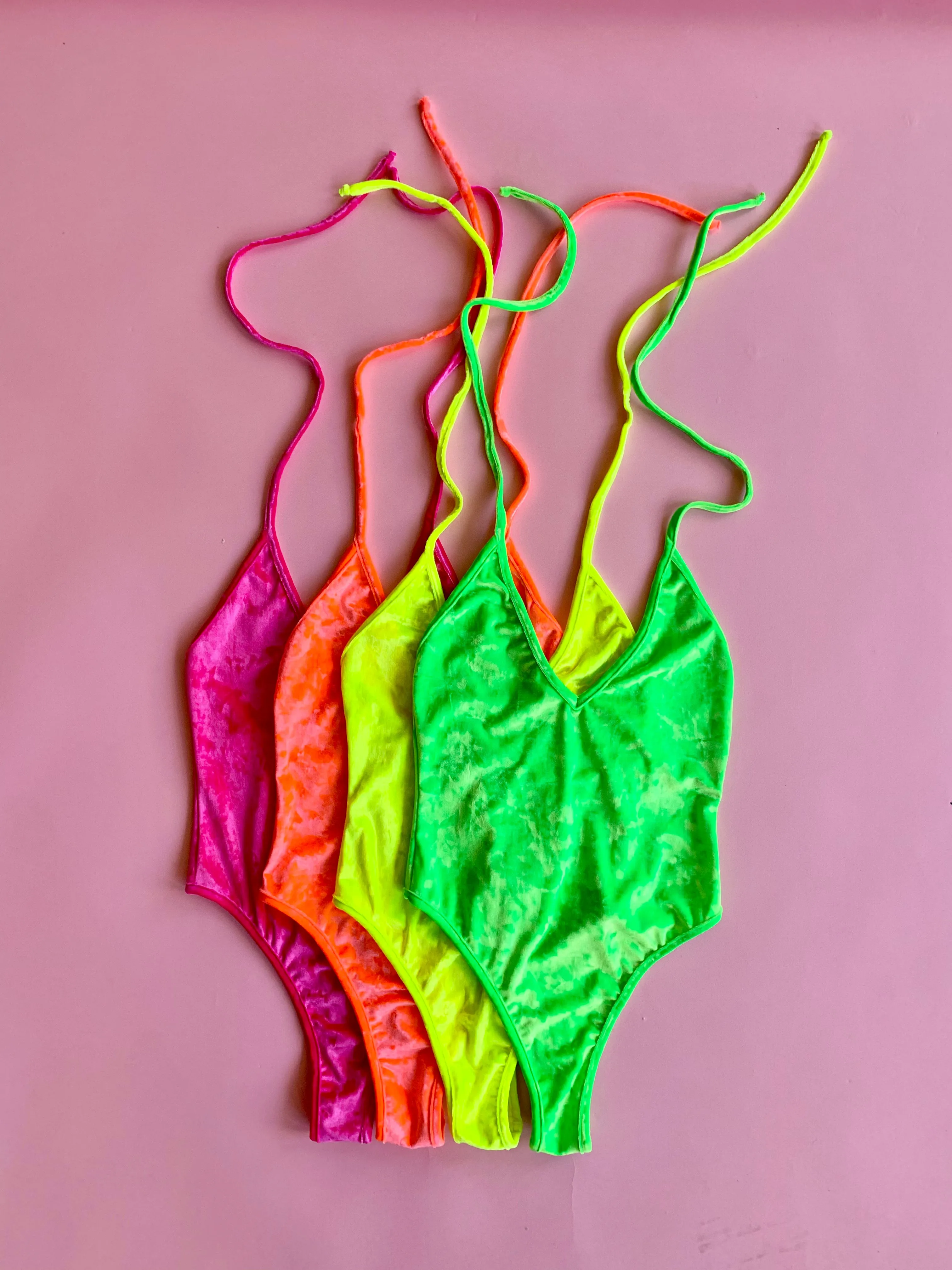 Neon Crushed Velvet High Cut Halter Bodysuit in Yellow