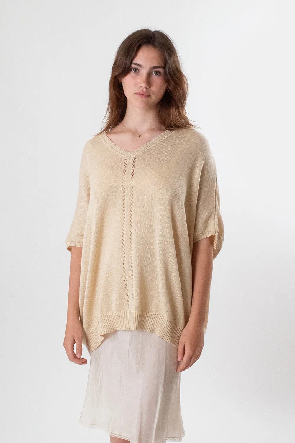 Pima Cotton V Neck Cocoon Sweater in Natural