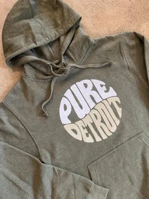 Pure Detroit Retro Hooded Pullover / White and Khaki   Army / Unisex