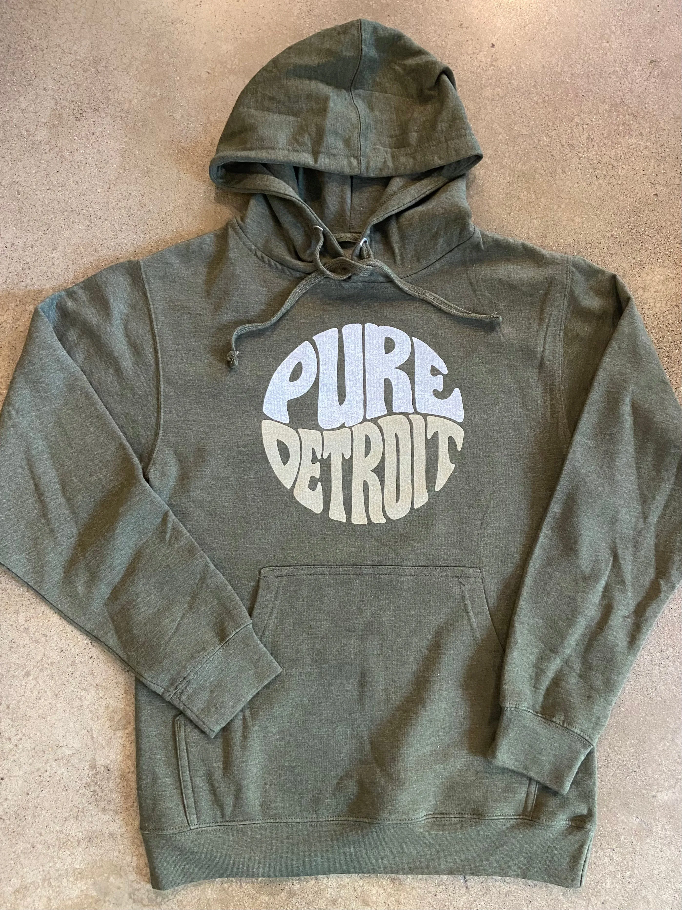 Pure Detroit Retro Hooded Pullover / White and Khaki   Army / Unisex