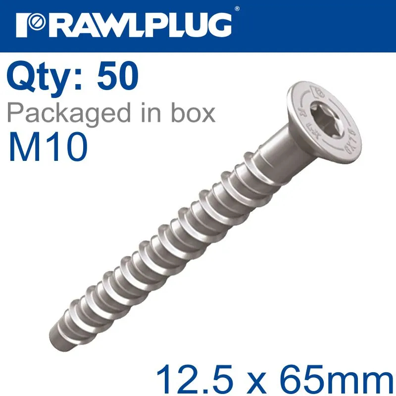 RAWLPLUG CONCRETE SCREWBOLT M10 12.5X65MM CSK HEAD ZINC BOX OF 50 RAW R-LX-10X065-CS-ZP