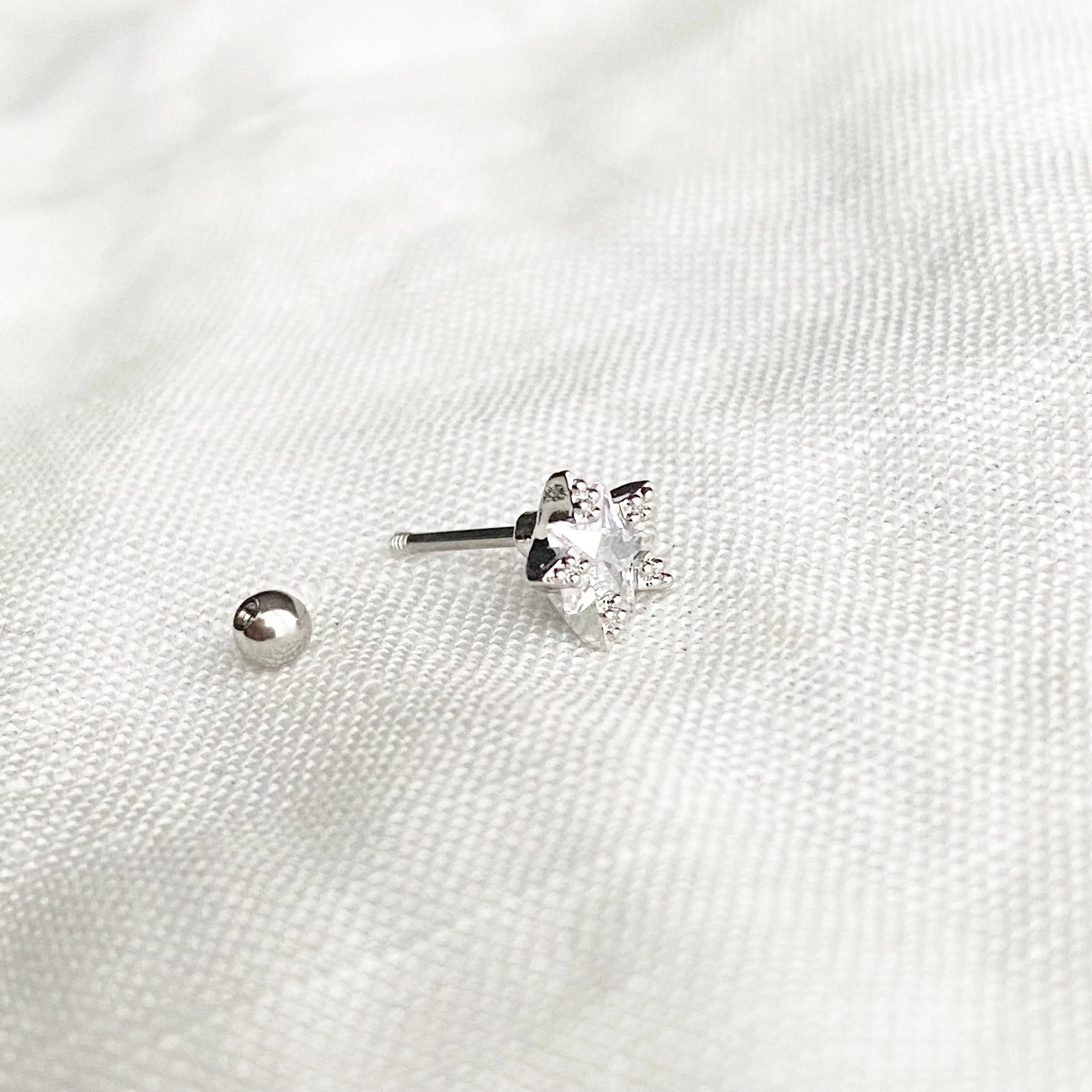 Tiny Star Crystal Barbell Earring - Silver